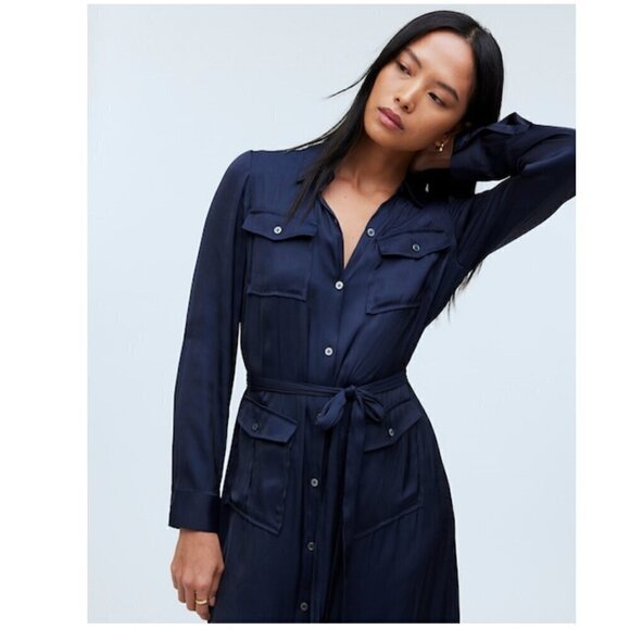 Madewell Button Front Utility Easy Fit Shirtdress Satin Dark Blue Size S NWT - Picture 9 of 9